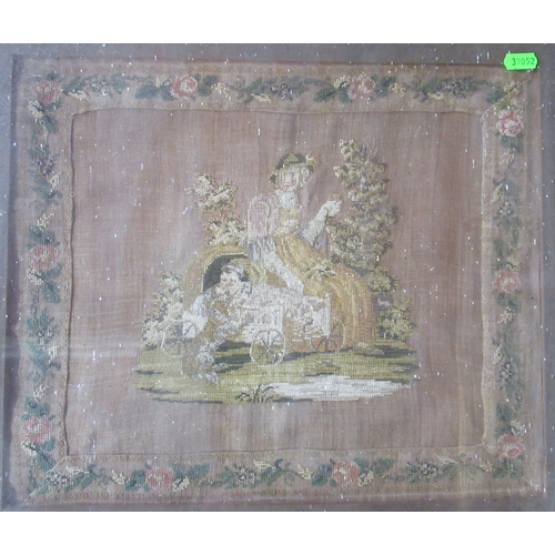 140 - A tapestry picture, mother and child with dog in garden, with flower border, 13ins x 15.5ins