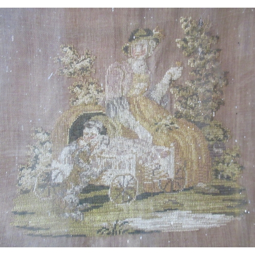 140 - A tapestry picture, mother and child with dog in garden, with flower border, 13ins x 15.5ins