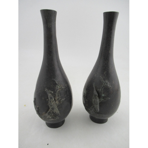 152 - A pair of Japanese metal club shaped vases with applied birds, height 9.5ins, together with a small ... 