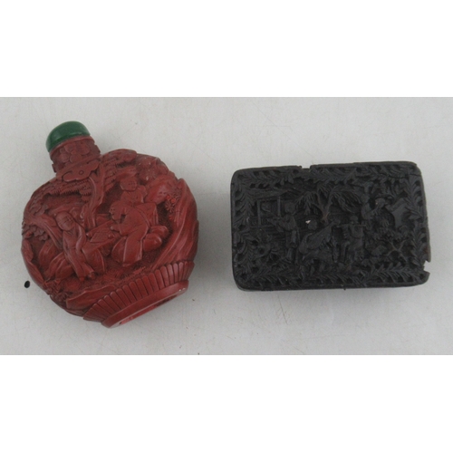 154 - A 19th century Chinese carved tortoiseshell box, together with a red lacquered bottle