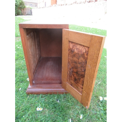 16 - An Arts and Crafts oak and burr wood table top cabinet, width 9ins, height 16.5ins