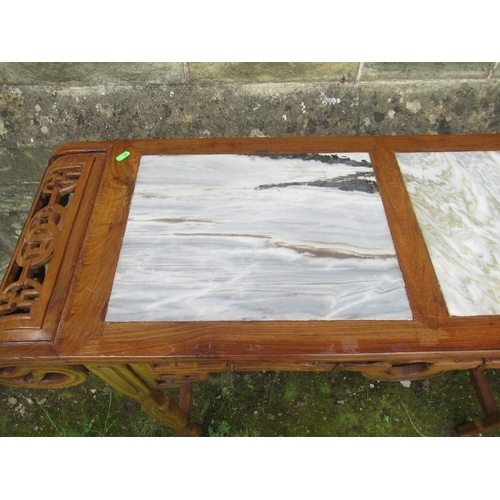 20 - A Chinese hardwood altar table, of archaic design, with two marble insets, width 48ins, height 32ins