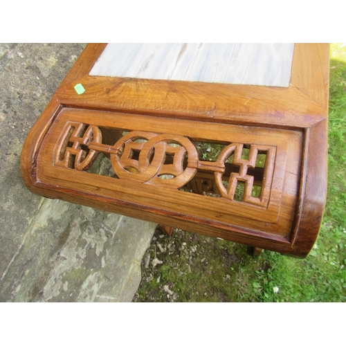 20 - A Chinese hardwood altar table, of archaic design, with two marble insets, width 48ins, height 32ins