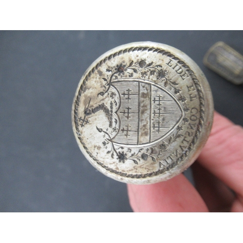 212 - A 19th century lignum vitae desk seal, with engraved steel stamp, together with another seal, carved... 