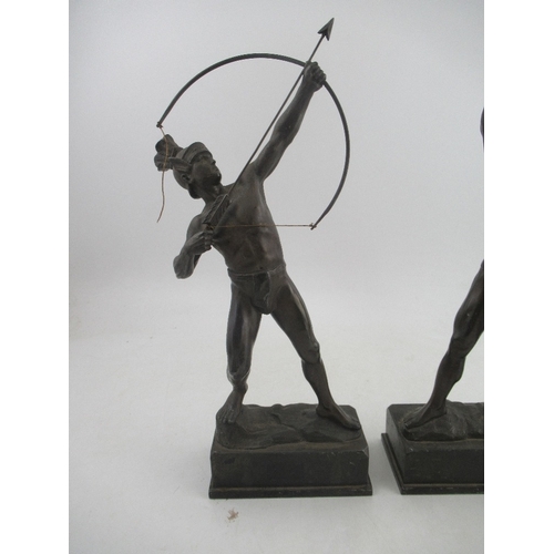 218 - A pair of 19th century spelter figures, of Roman Gladiators, on rectangular bases, height 16ins