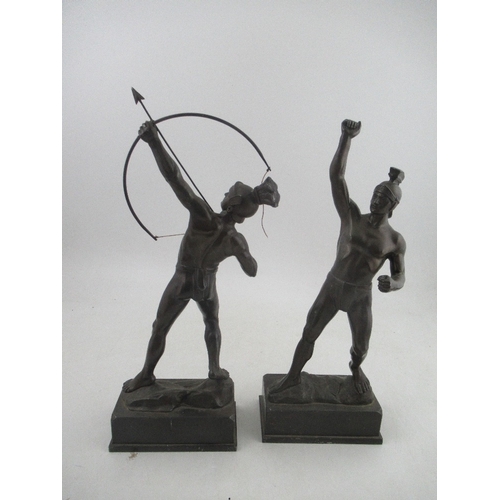 218 - A pair of 19th century spelter figures, of Roman Gladiators, on rectangular bases, height 16ins