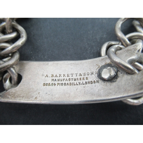 233 - A Barrett & Sons London, a silver cat or dog collar, with curb links and engraved plaque, with bell,... 