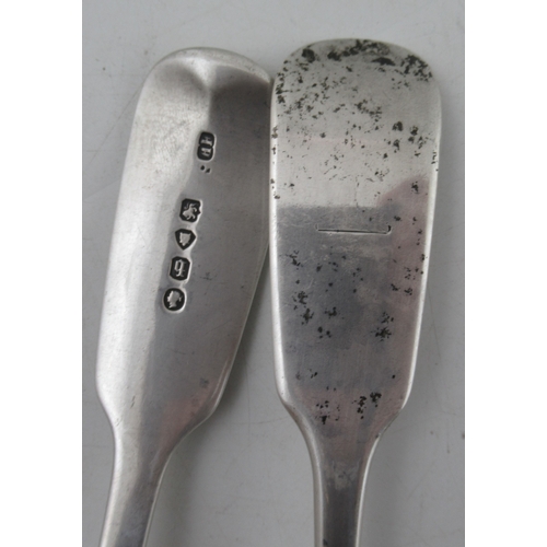 242 - A pair of Georgian silver serving spoons, engraved with a P, maker TW, together with a pair of silve... 