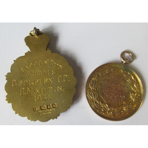 286 - A silver gilt Regents Park Cricket League medal, 1938, together with a Lozells Harriers 9ct gold and... 