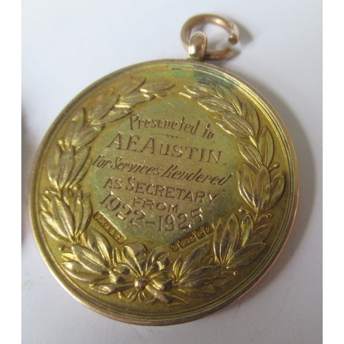 286 - A silver gilt Regents Park Cricket League medal, 1938, together with a Lozells Harriers 9ct gold and... 