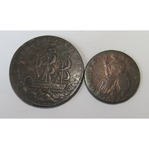 289 - A conder token, circa 1790, The Guard & Glory of Britain, together with a William and Mary farthing ... 