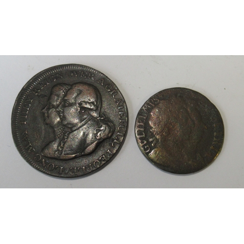 289 - A conder token, circa 1790, The Guard & Glory of Britain, together with a William and Mary farthing ... 