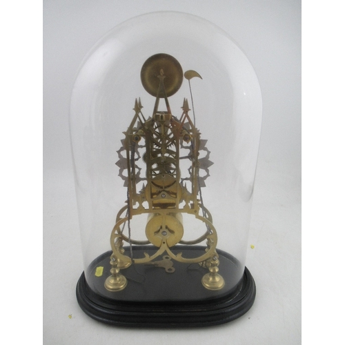 306 - Skeleton Clock with pierced silver Chapter Ring twin chain under a glass dome