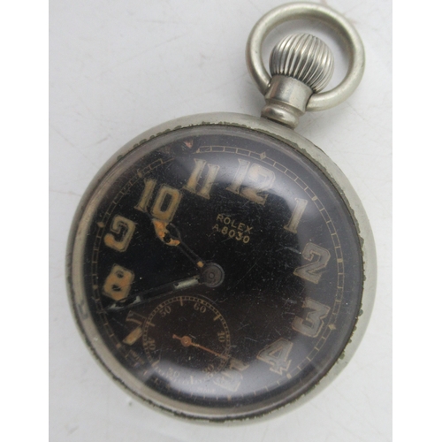 310 - A Rolex military issue open face pocket watch, the black dial numbered A8030, the plated case engrav... 