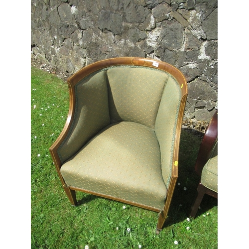 32 - An Edwardian tub chair, with inlaid decoration, together with two armchairs