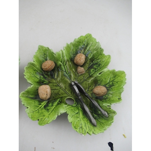 377 - Two Bretby pottery leaf dishes, with moulded decorated of walnuts and nut crackers