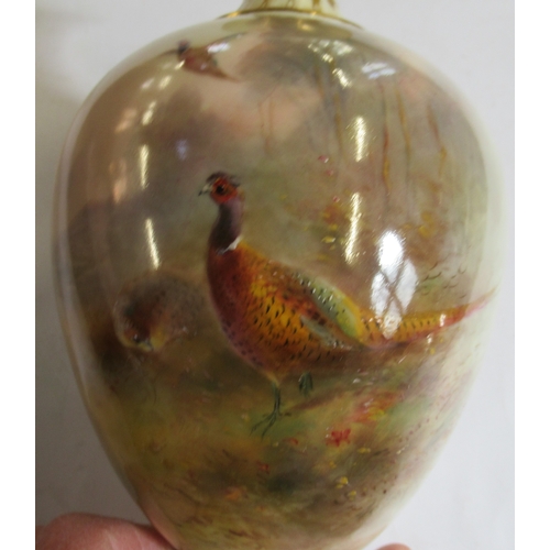 393 - A Royal Worcester pedestal vase, decorated with pheasants in landscape by Jas Stinton, height 7ins