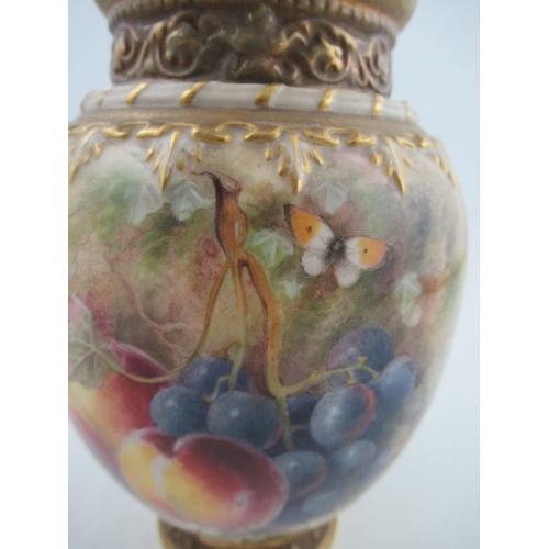 396 - A Royal Worcester crown top pot pourri decorated half round with hand painted fruit by Ricketts, no ... 