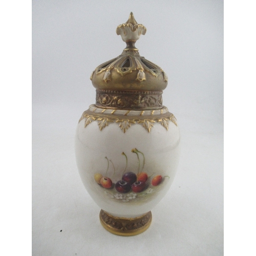 396 - A Royal Worcester crown top pot pourri decorated half round with hand painted fruit by Ricketts, no ... 