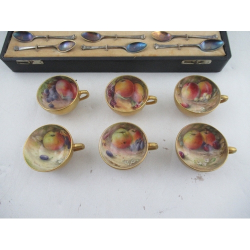 409 - A Royal Worcester cased set of 6 miniature tea cups and saucers decorated with hand painted fruit  b... 