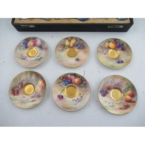 409 - A Royal Worcester cased set of 6 miniature tea cups and saucers decorated with hand painted fruit  b... 