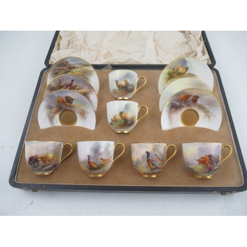 410 - A cased set of 6 Royal Worcester cups and saucers , two decorated with sheep by Barker, 2 decorated ... 