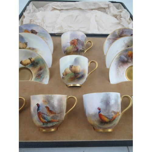 410 - A cased set of 6 Royal Worcester cups and saucers , two decorated with sheep by Barker, 2 decorated ... 