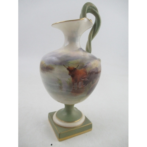 419 - A Royal Worcester Ewer decorated with highland cattle by H Stinton with snake twist handles raised o... 