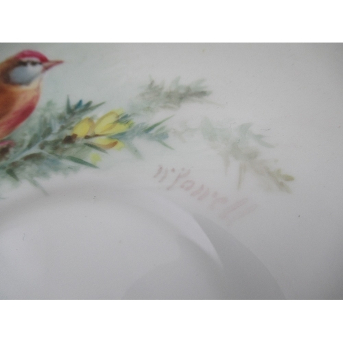 425 - A Royal Worcester cup decorated with a robin  saucer decorated with a Linnet and side plate decorate... 