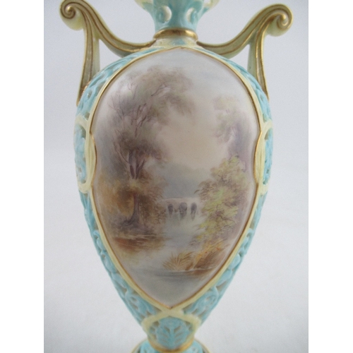 443 - A Grainger's  Worcester turquoise pierced vase with reserved landscape panels, height 7.5ins