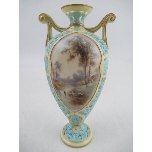 443 - A Grainger's  Worcester turquoise pierced vase with reserved landscape panels, height 7.5ins