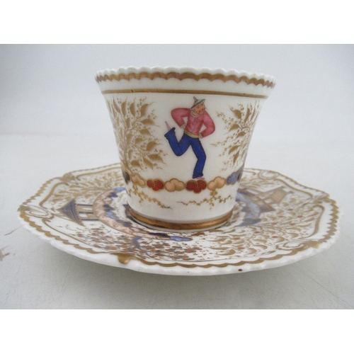 454 - A Chamberlains Worcester tea cup and saucer, slop bowl and milk jug all decorated with the acrobat p... 