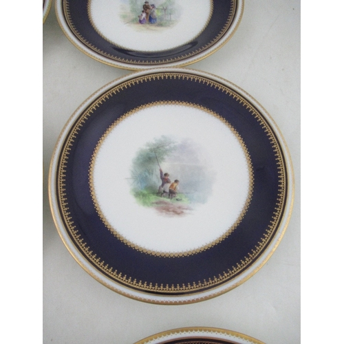 455 - Six Grainger Worcester plates decorated with central panels of figures in a landscape to a deep blue... 