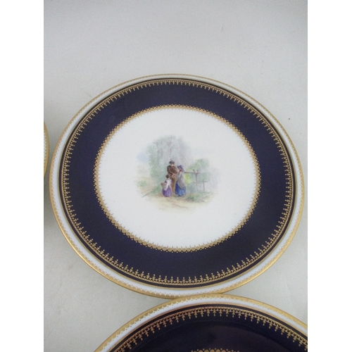 455 - Six Grainger Worcester plates decorated with central panels of figures in a landscape to a deep blue... 