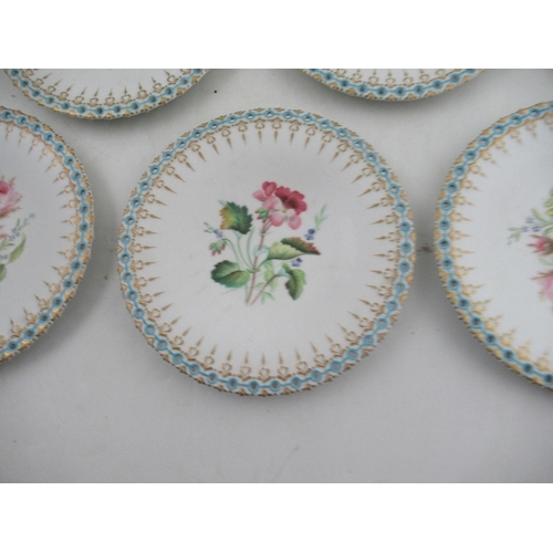 460 - A set of ten Grainger & Co Worcester dessert plates, all decorated with different flowers, the borde... 