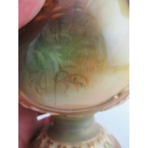 462 - A Royal Worcester vase, the front decorated with two storks wading by Lewis and a landscape to the r... 