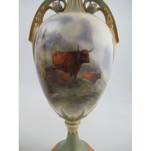 467 - A pair of Royal Worcester covered vases, decorated with Highland Cattle in landscape to the front an... 