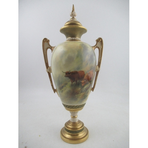 468 - A Royal Worcester covered pedestal vase, decorated with Highland Cattle in landscape to the front an... 