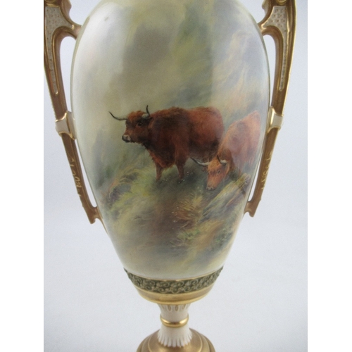 468 - A Royal Worcester covered pedestal vase, decorated with Highland Cattle in landscape to the front an... 