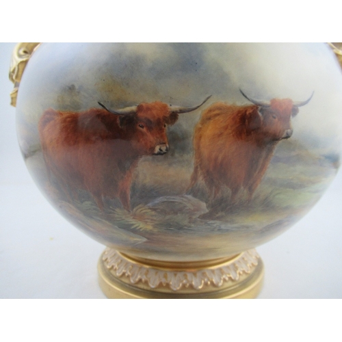 469 - A Royal Worcester covered Bow piece, fully painted with Highland cattle in a landscape by John Stint... 