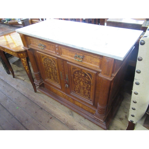 66 - A continental style marble top side board fitted frieze drawer over 3 cupboard drawers with inlaid d... 