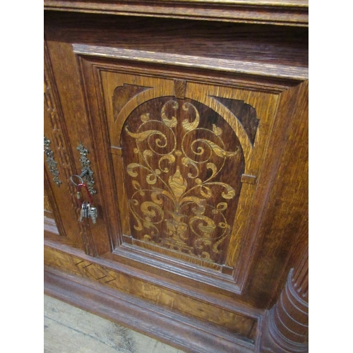 66 - A continental style marble top side board fitted frieze drawer over 3 cupboard drawers with inlaid d... 