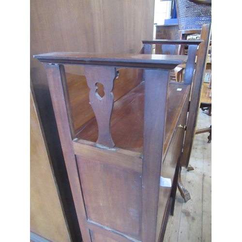 70 - An Edwardian narrow bureau, with cross banded decoration, the drop flap revealing drawers and pigeon... 