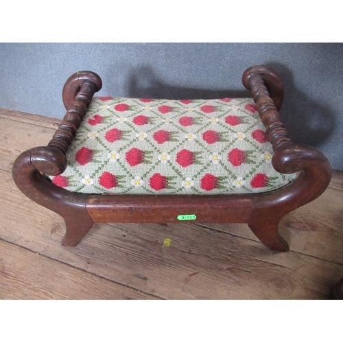 8 - Two 19th century foot stools, one with scroll handles, width 16ins, and 12ins together with another ... 