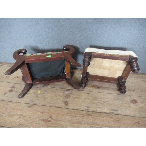 8 - Two 19th century foot stools, one with scroll handles, width 16ins, and 12ins together with another ... 