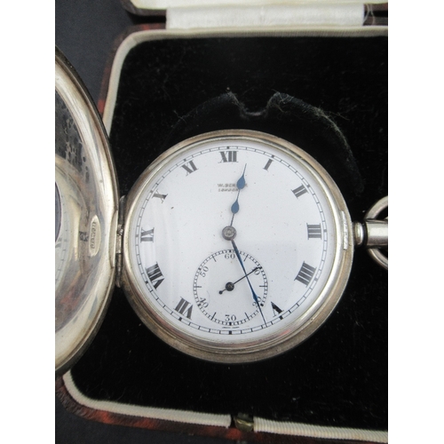 306a - A J.W.Benson silver half hunter pocket watch, London 1939, with blue enamel chapter ring, Roman nume... 