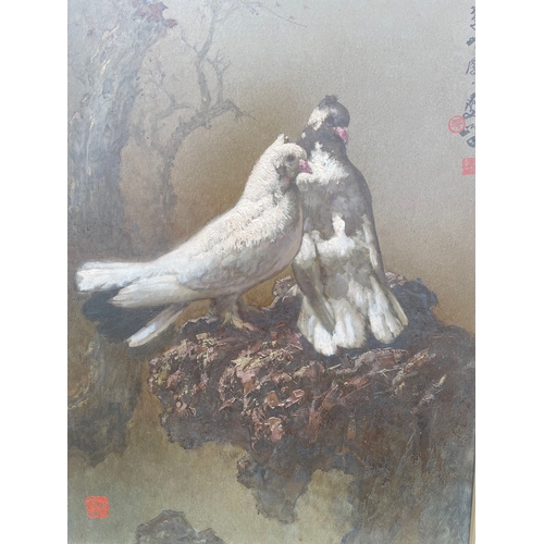 118 - Lee Man Fong, oil, doves in trees, signed with character marks and seal, 40ins x 20ins together with... 