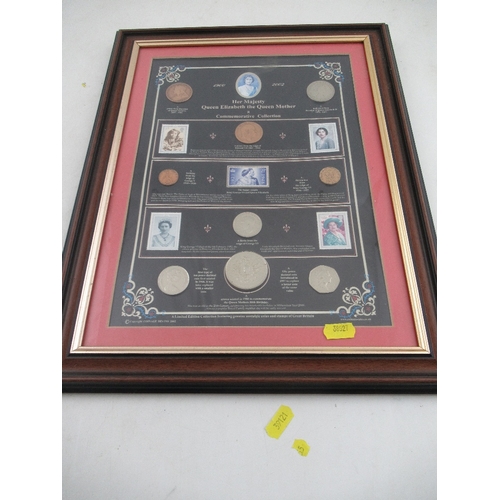 169 - A framed collection of coins and stamps commemorating Queen Elizabeth the Queen Mother, together wit... 