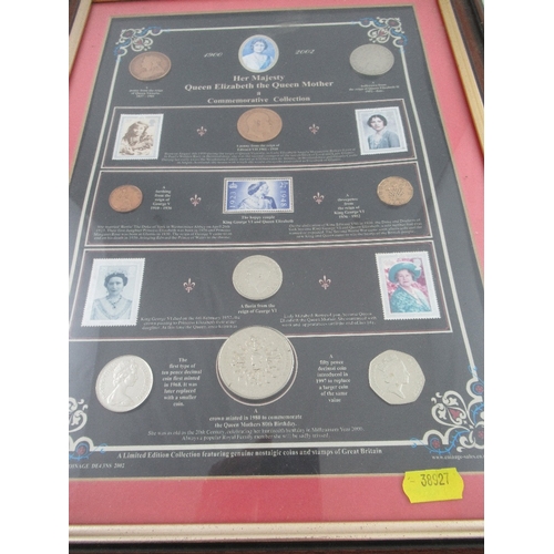 169 - A framed collection of coins and stamps commemorating Queen Elizabeth the Queen Mother, together wit... 