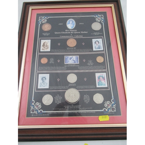 169 - A framed collection of coins and stamps commemorating Queen Elizabeth the Queen Mother, together wit... 